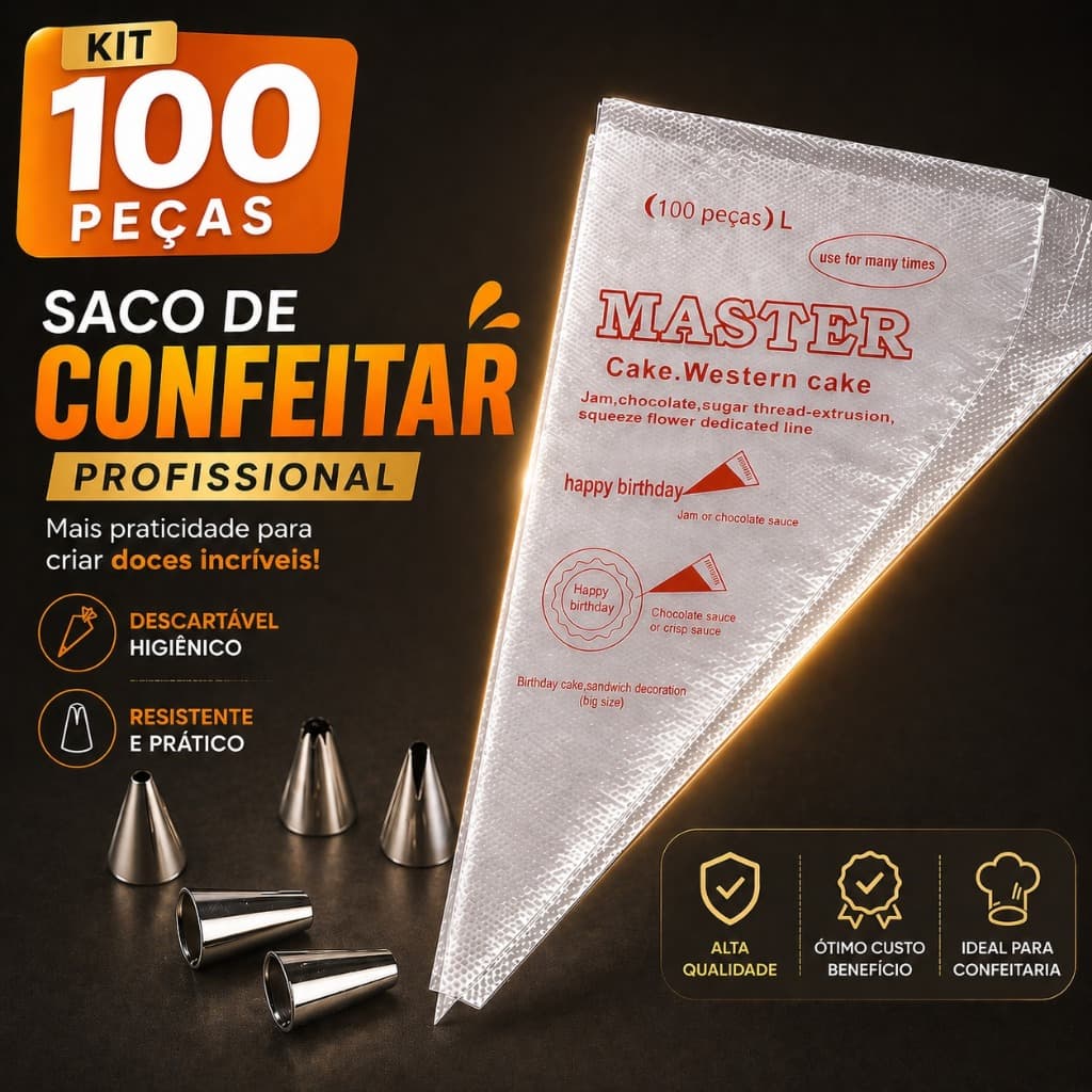 Saco de Confeitar Descartável 100 Unidades Profissional Antiderrapante Resistente Confeitaria