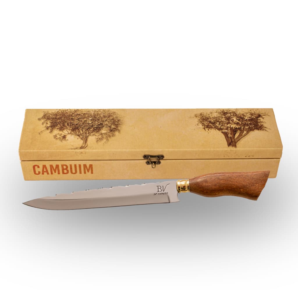 Faca Cambuim Prata 9 Pol Aço Cirúrgico 420 Cabo Madeira Nobre Premium Com Bainha de Couro Para Churrasco