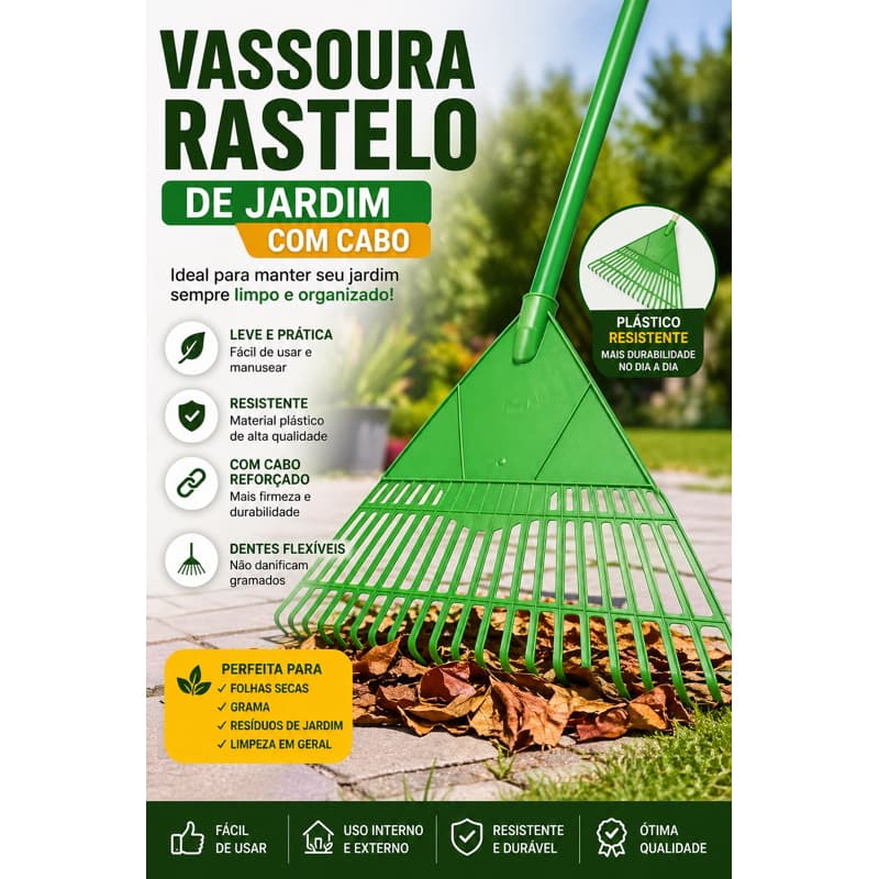 Rastelo Vassoura de Jardim com Cabo Reforçado Plástico Para Folhas Grama Quintal