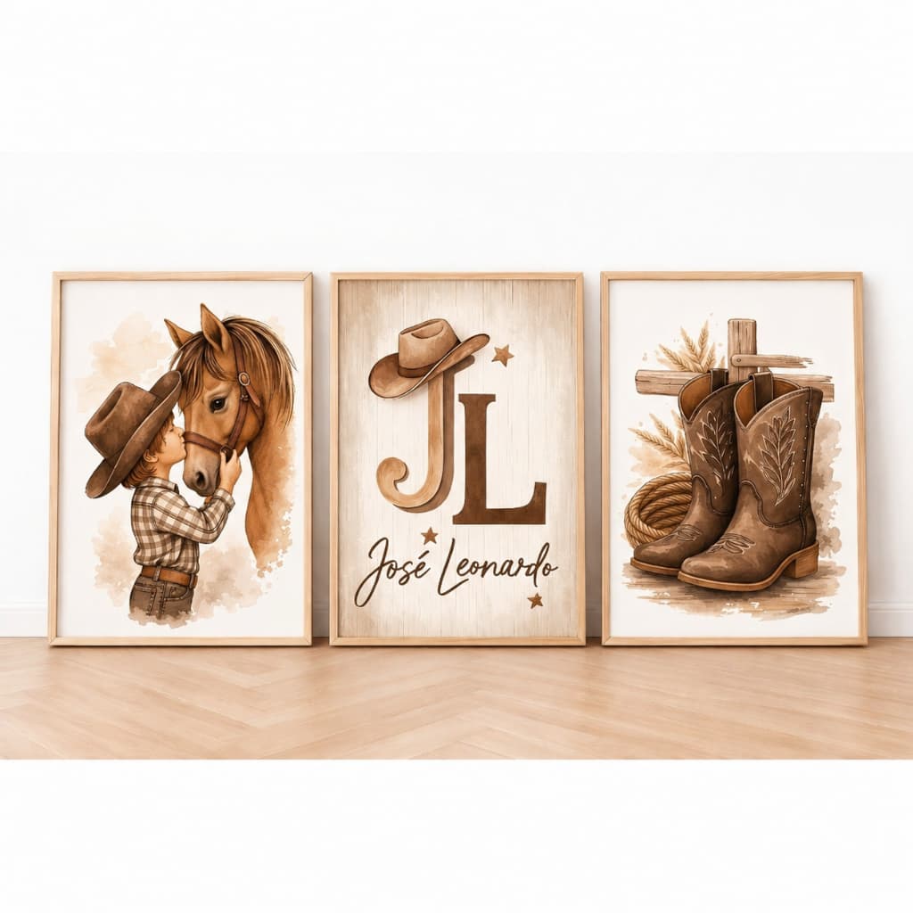 Quadros Decorativos Cowboy Marrom Cavalo Nome Personalizado Bota Menino Menina Infantil Criança Fofo