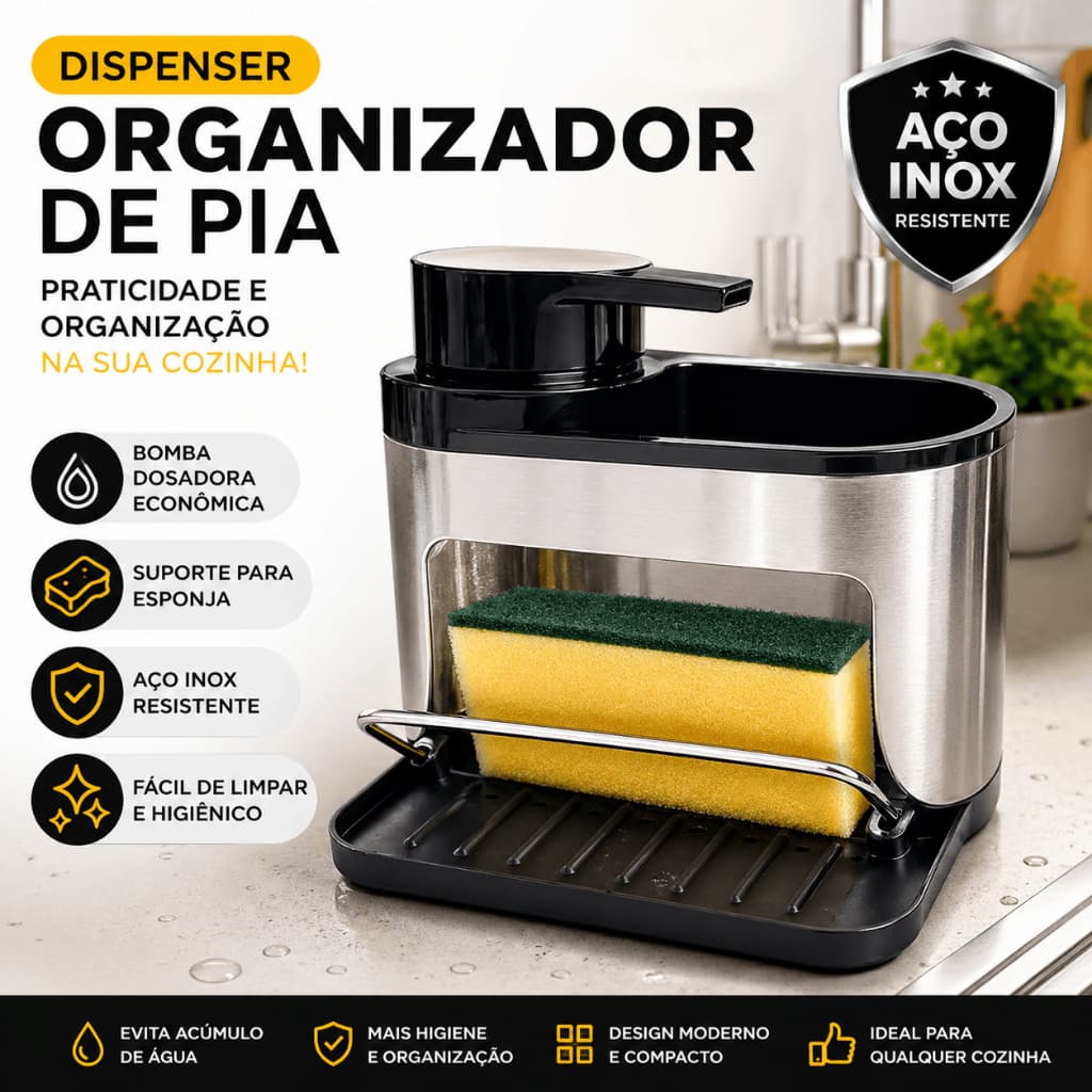 Dispenser Suporte Esponja Organizador Pia Cozinha Aco Inox Resistente Facil Limpeza