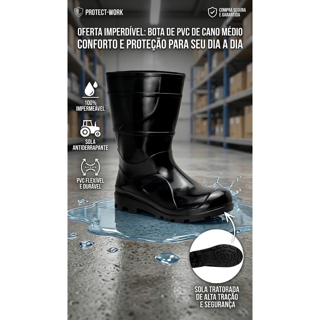 Bota De PVC Cano Médio Impermeável Profissional | Ideal Para Chuva, Motoqueiro e Trabalho Pesado | Sola Tratorada