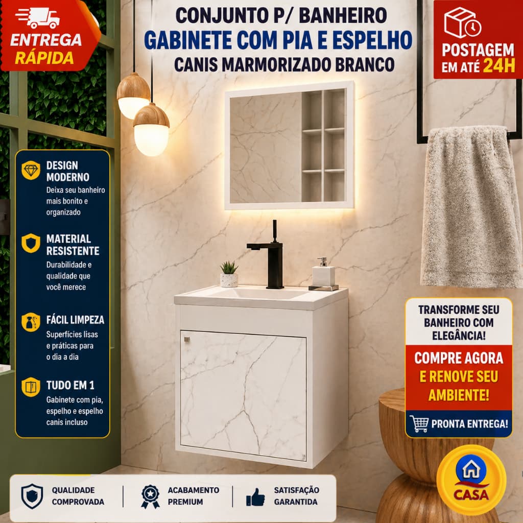 Kit Gabinete Armario de Banheiro Cuba Pia Com Espelheira Canis
