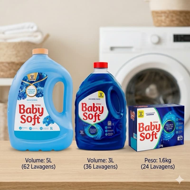 Kit Completo variados Baby Soft: Amaciante 5L + Sabão em Pó 1.6kg + Sabão Líquido 3L kit lavanderia, produtos de limpeza