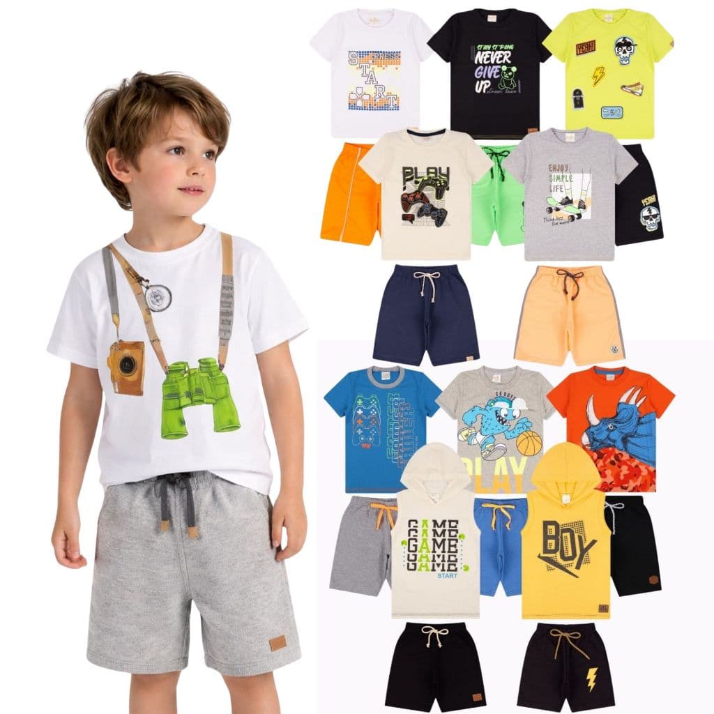 Kit Sortido 10 Peças de Roupas Infantil Menino Masculino 5 Camisetas + 5 Bermudas - Kit 5 Conjuntos