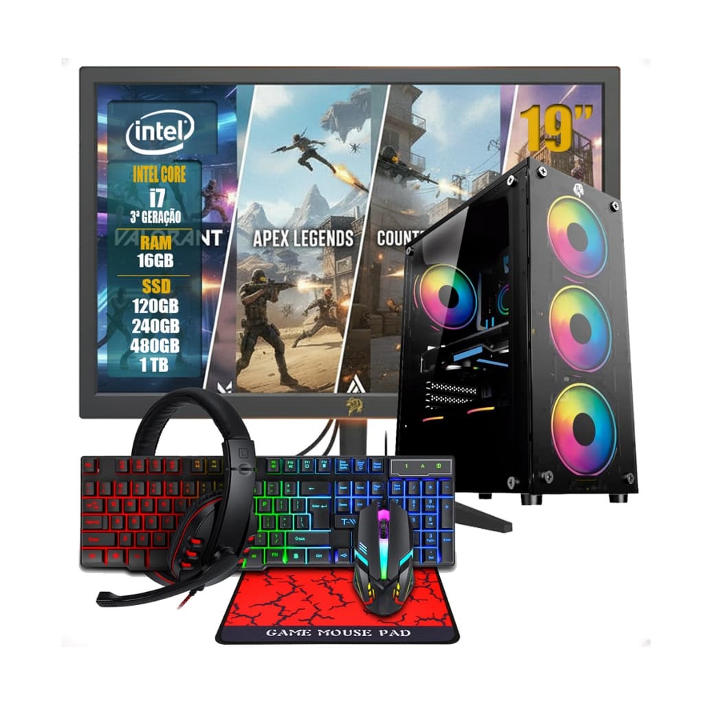 PC Gamer Intel i7 Completo com Monitor, Teclado, Mouse e Headset | SSD Customizável | 8GB ou 16GB RAM