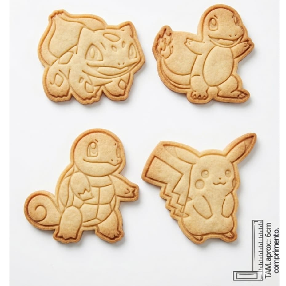 Kit 4 Cortadores Biscoito Confeitaria Pokemon Moldes e Carimbos Pasta Americana Biscuit Massinha Tema infantil Pikachu