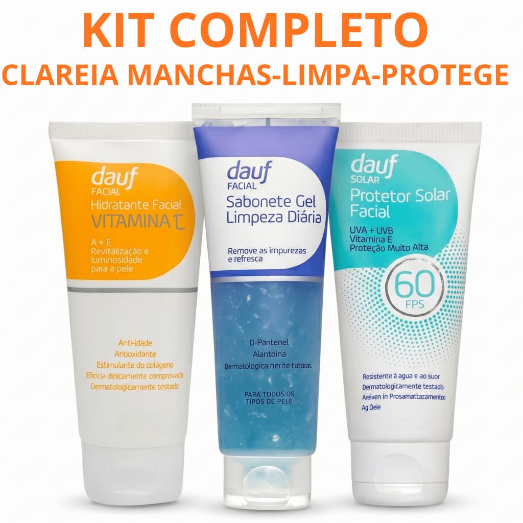 Kit Skincare Dauf Completo Sabonete Gel + Vitamina C + Protetor Solar Facial FPS 60
