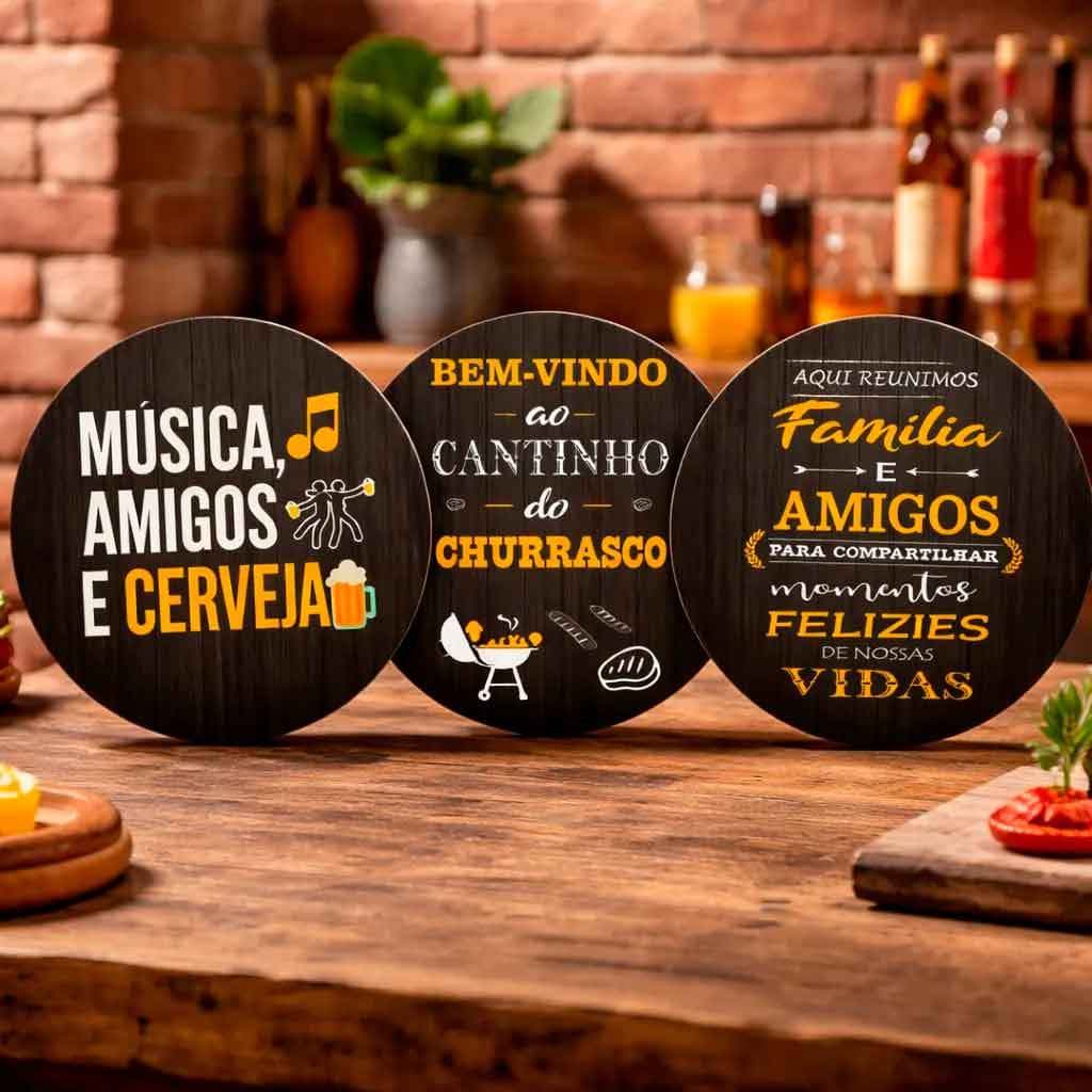 Kit 3 quadros Placas Redondas Tampas Bar Cerveja churrasco Frases divertidas - 24 cm