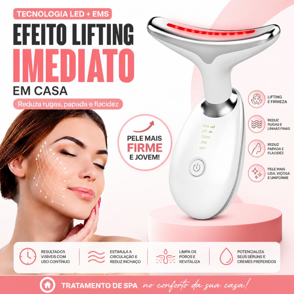 Massageador Pescoço e Rosto Facial LED Vibração Fototerapia Firmeza Anti-Rugas (Cores Sortidas)