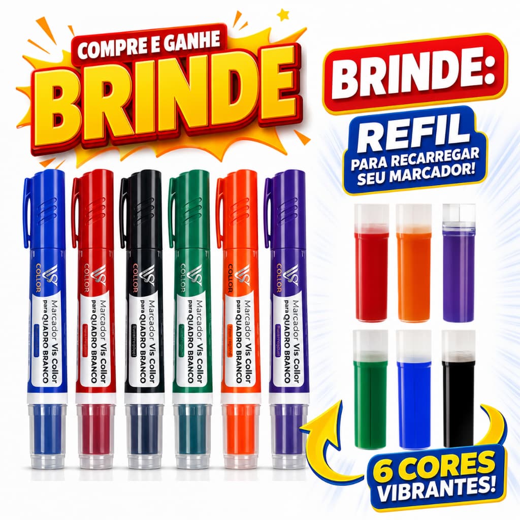 Kit 6 Pincel Marcador Canetão de Quadro Branco Lousa  + 6 Recargas Extras - Não Mancha
