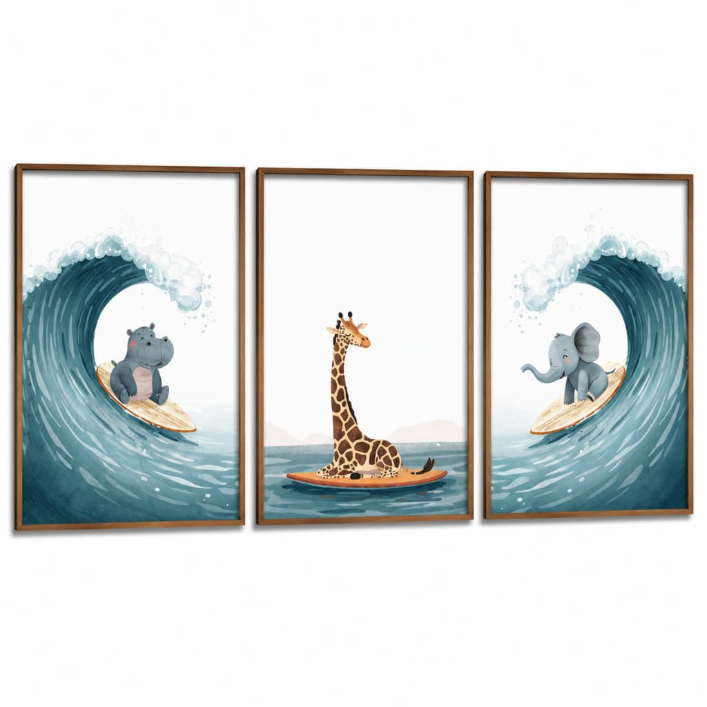 Kit Quadros Decorativos Infantil | Quarto Bebê Menino | Praia, Surf, Animais Safari Surfista - No166