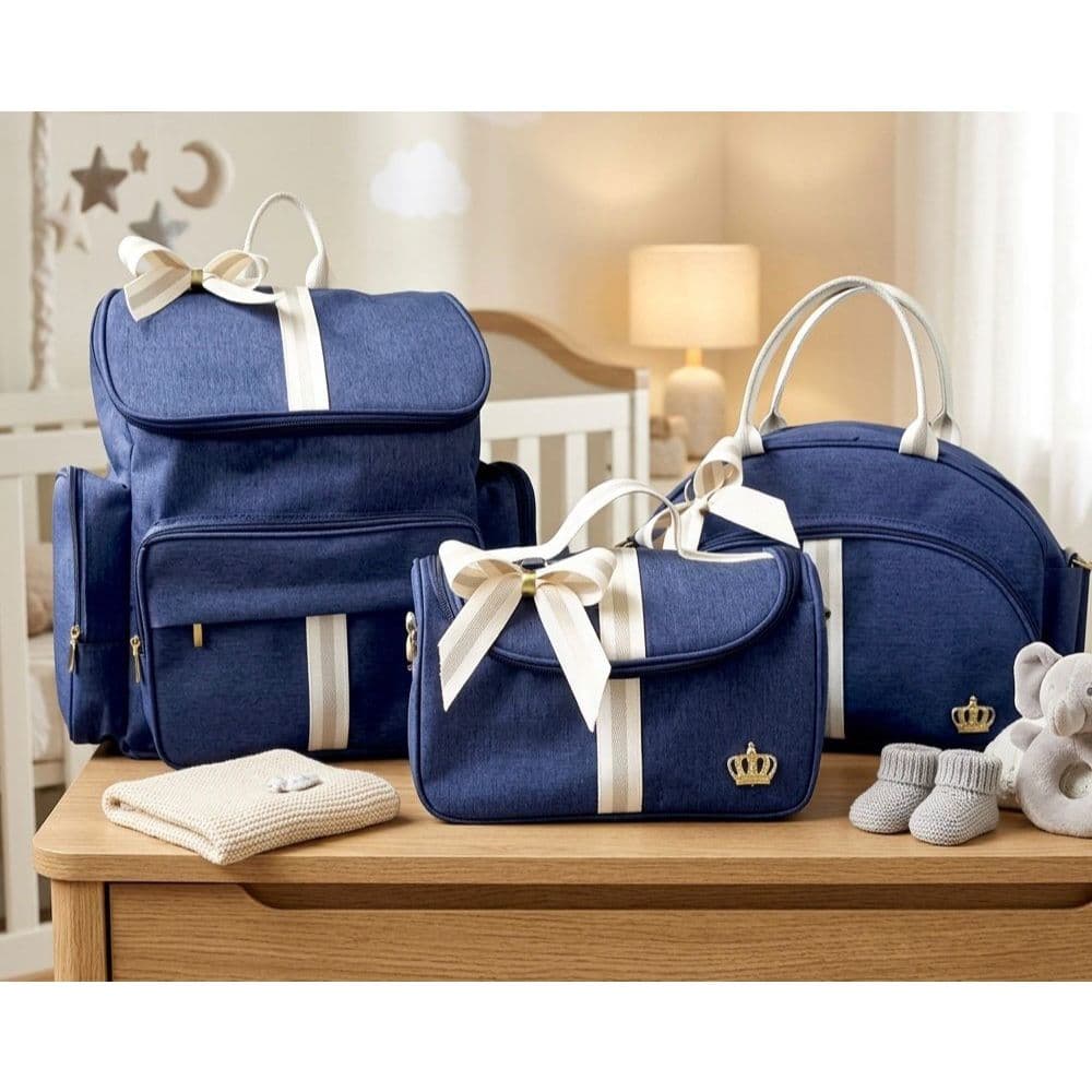 Kit Bolsa Maternidade e Mochila Azul/Bege Luxo 3 Bolsas Laço Creme