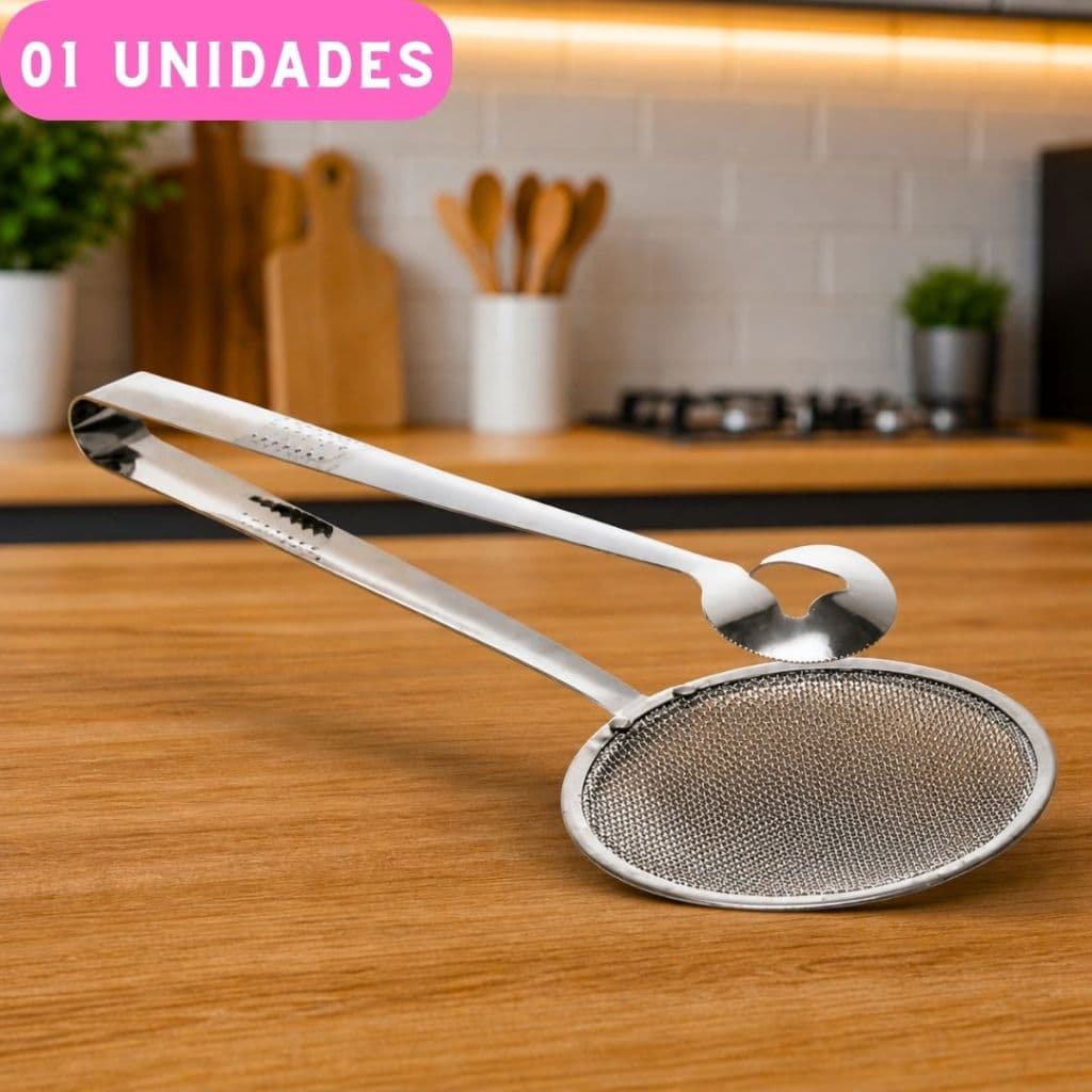 Escumadeira para Frituras Pescadora Inox Premium Cozinha 28cm com Pegador Escorredor