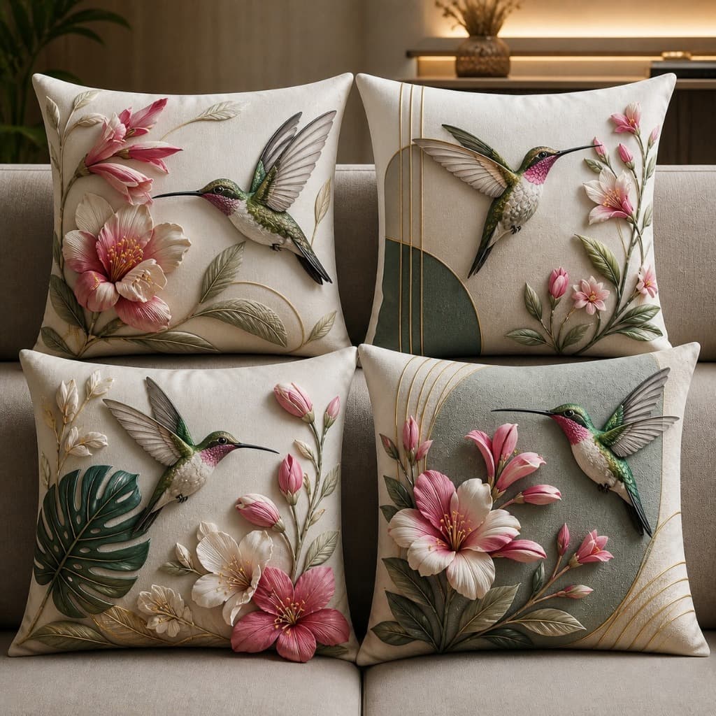 Kit 4 capas de almofadas beija flor  efeito 3D 45x45