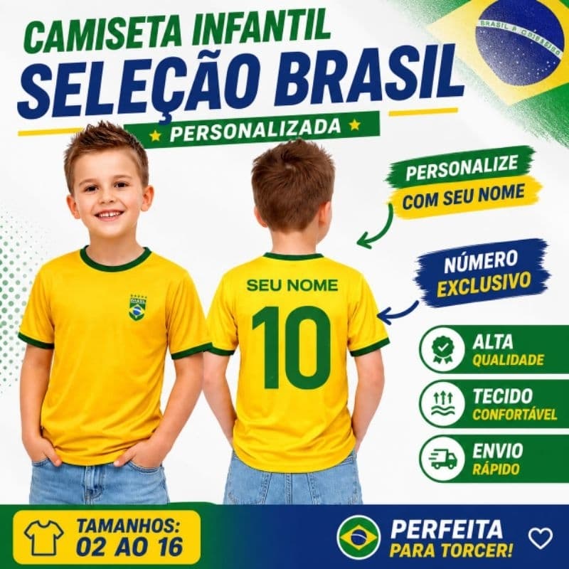 Camiseta Infantil do Brasil Copa com seu nome camisa personalizada com nome infantil