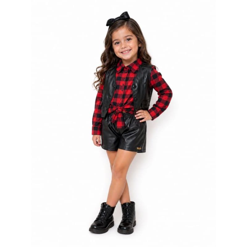 Conjunto 3 Peças Moda Country Infantil Menina Blogueira Blusinha Flanela