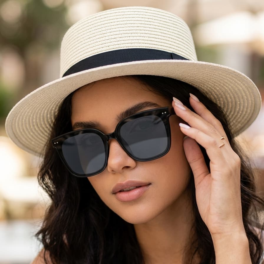Kit Chapéu Paris Feminino Ajustável + Óculos Gatinho MD-33 Proteção UV400 Estilo Moderno Verão