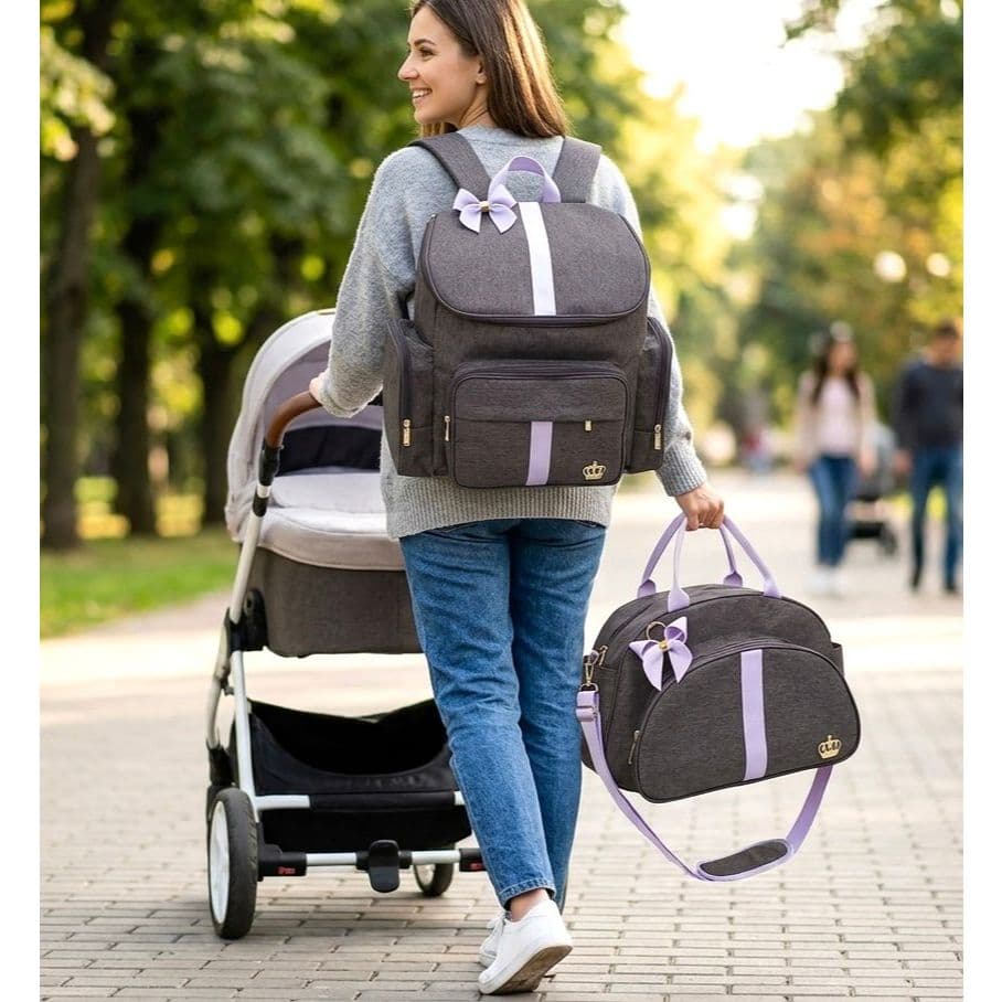 Mochila Bebe + Bolsa Tiracolo G Cinza/Lilas Maternidade Luxo Maternidade