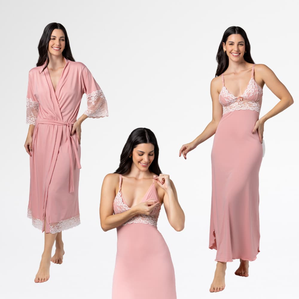 Kit Robe Longo Bicolor com Camisola longa Bicolor Amamentação Confortável Elegante