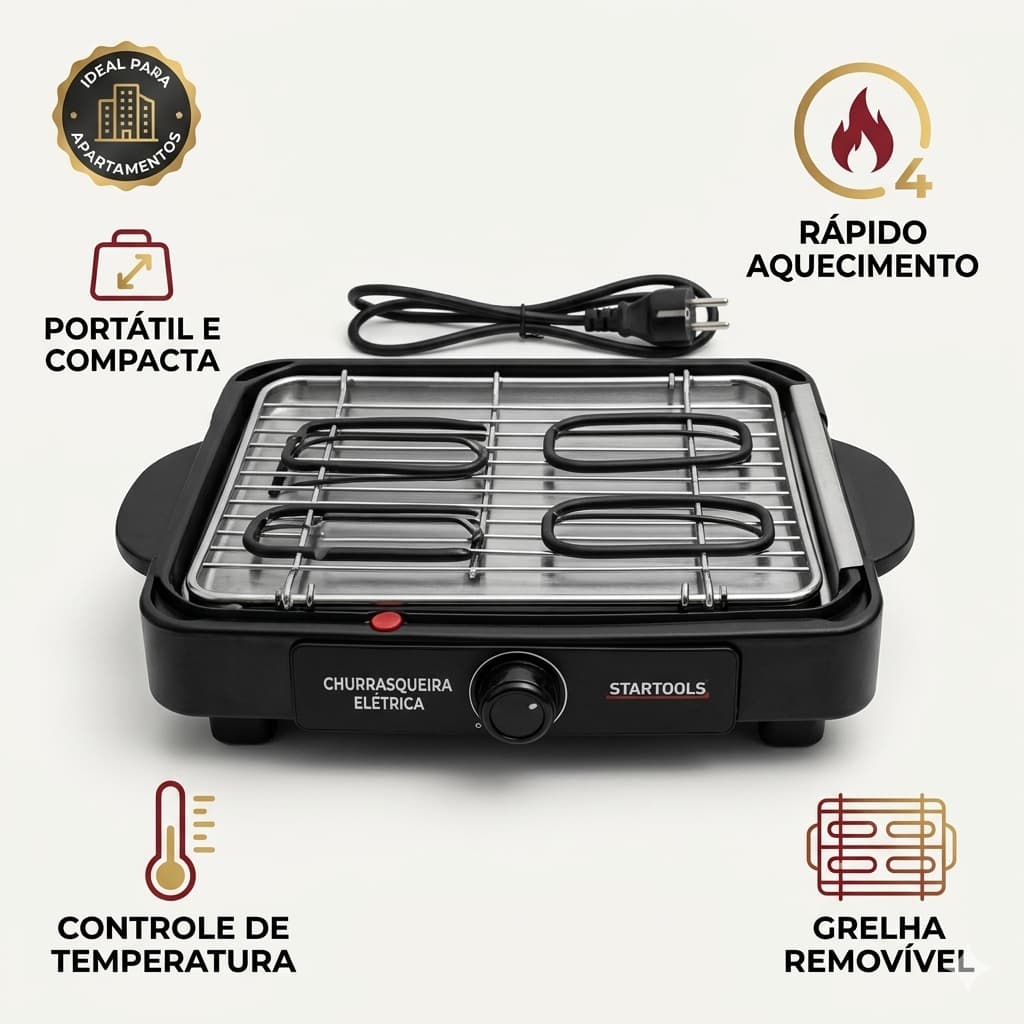 Churrasqueira Eletrica Grill Grelha Removivel Compacta Facil Limpeza 127V Preta