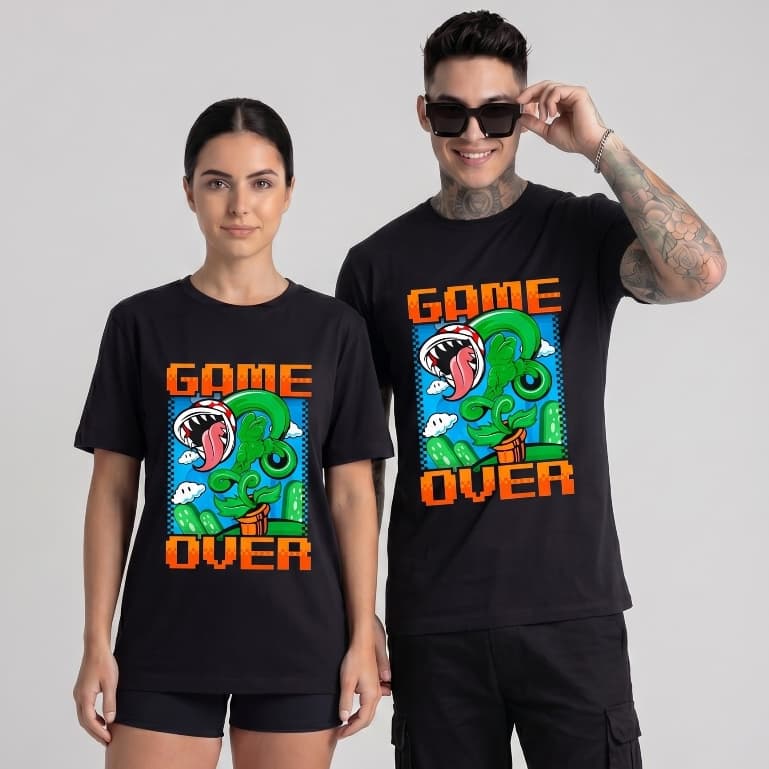 Camiseta Masculina e Feminina Game Over Gamer Retrô Preta Algodão Premium Camisa Philklen