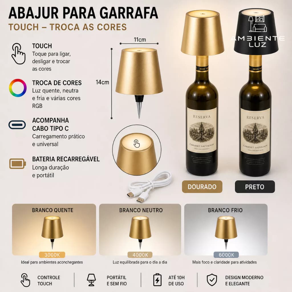 Abajur Portátil LED com Bico para Garrafa Luminária Recarregável USB, Toque Touch, Decorativa para Mesa e Bar