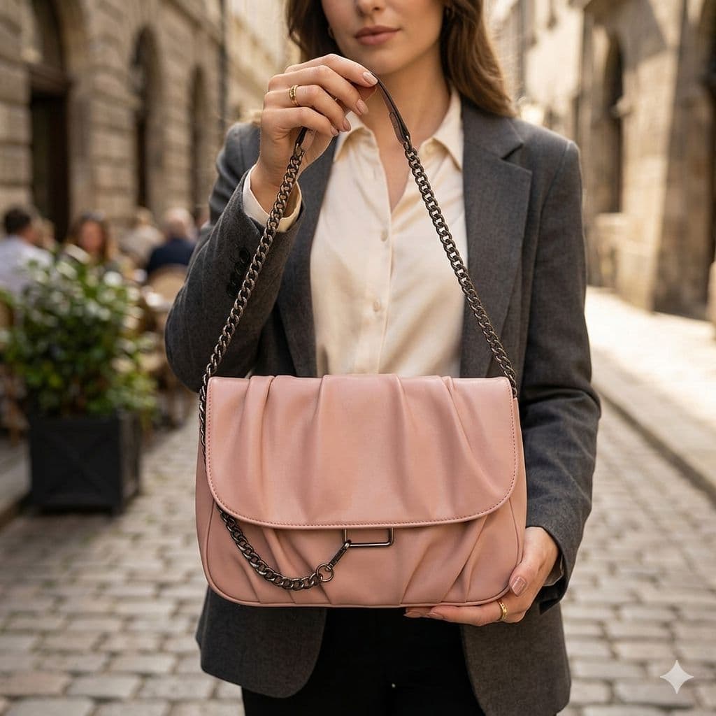 Bolsa Feminina Transversal Ombro Couro PU Média Alça Corrente Regulável Moderna Elegante Evangélica