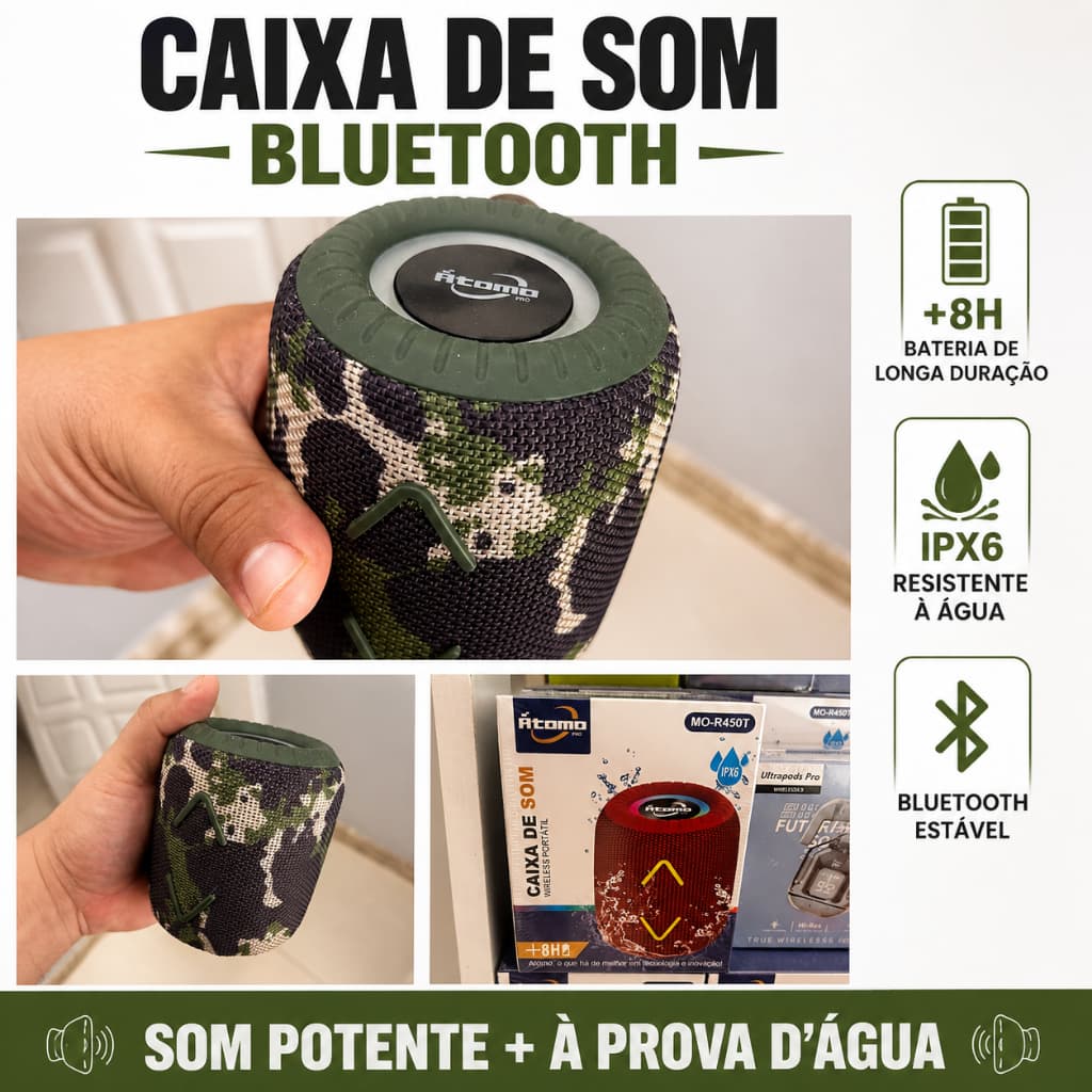 Caixa de Som Bluetooth Portátil IPX6 À Prova D’Água +8h Bateria Som Potente Mini Speaker
