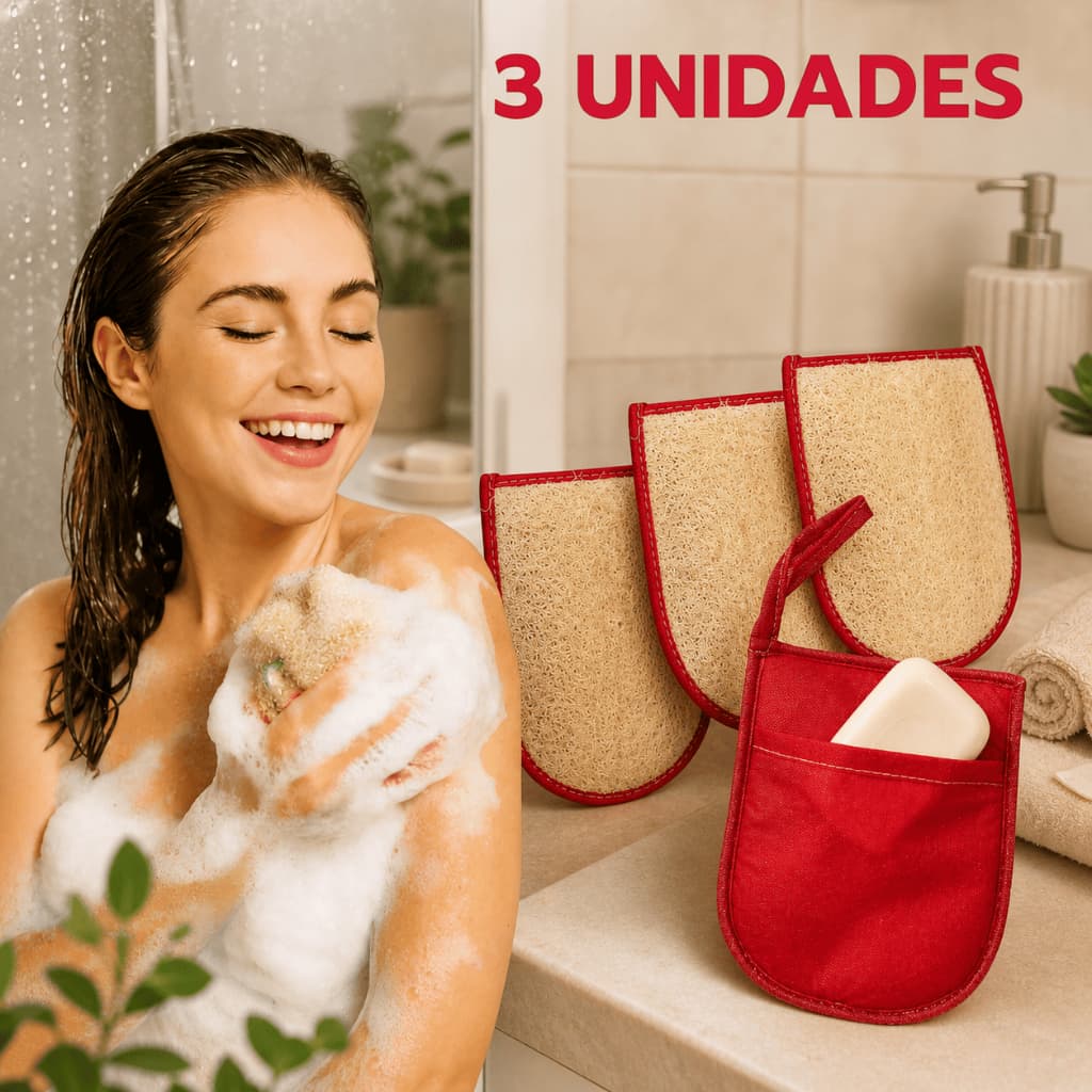 3 Esponjas Bucha Vegetal Para Banho Natural Ecológica Grande Costurada Com Bolsinho Porta Sabonete