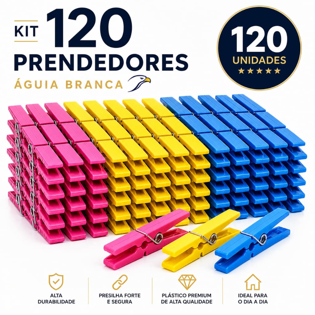 KIT 120 Prendedores de Plástico Prendedor de Roupas Reforçados ÁGUIA BRANCA tamanho tradicional