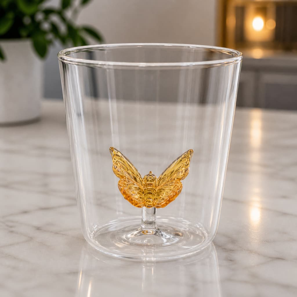 Copo Borboleta 3D Vidro Borossilicato 350ml Copo Duplo amarelo Decorativo Luxo Elegante Café Chá Cozinha Presente