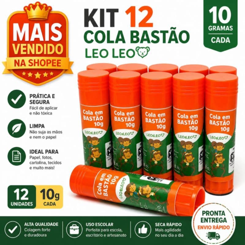 Kit 12 Cola Bastão Leo Leo 10g Escolar Papel Artesanato Escritório  Atacado - Ideal para Revenda
