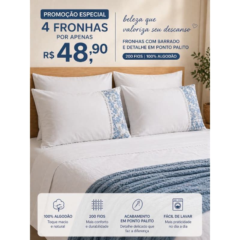 kit 4 Fronhas de Algodão 200 FIOS 0,50x 0,70cm  cama , casal , Queen macia