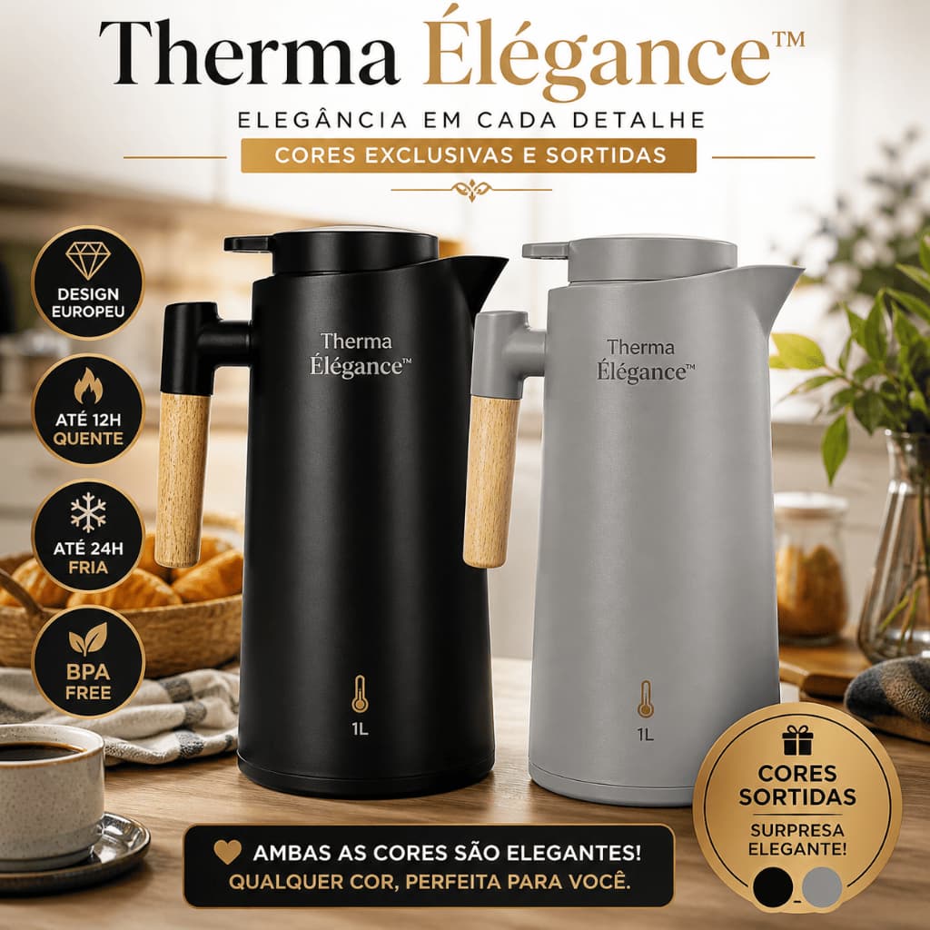 Garrafa Térmica 1L Premium Therma Élégance™ Cabo Madeira Mantém Quente e Frio por Horas Design Elegante Cores Sortidas