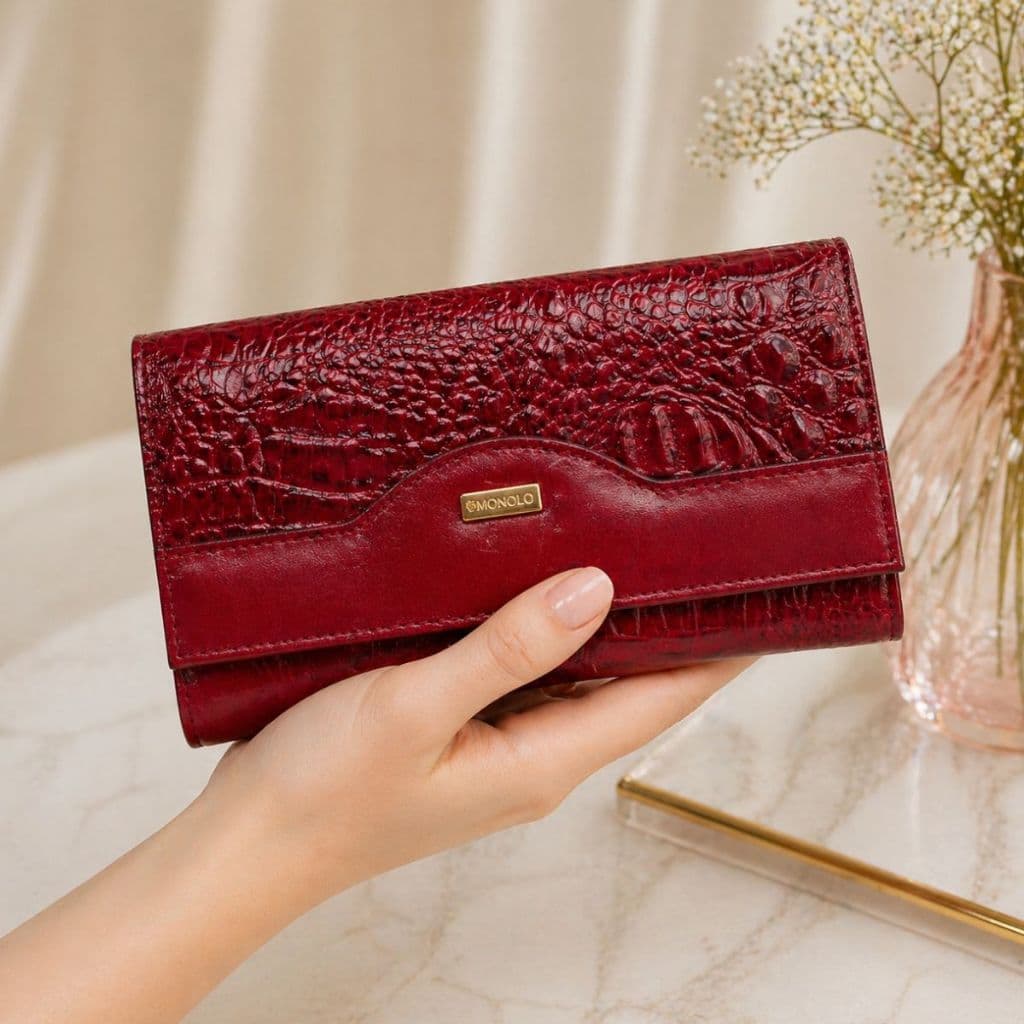 Carteira Feminina de Couro Legítimo Croco Preta e Vermelha Completa Elegante Moderna Compacta Monolo
