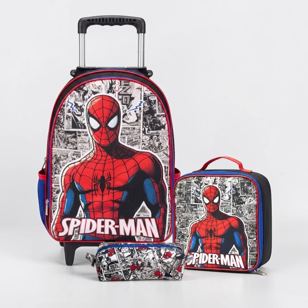 Kit Mochila de Rodinhas Menino Infantil Homem Aranha Lancheira + Estojo Resistente