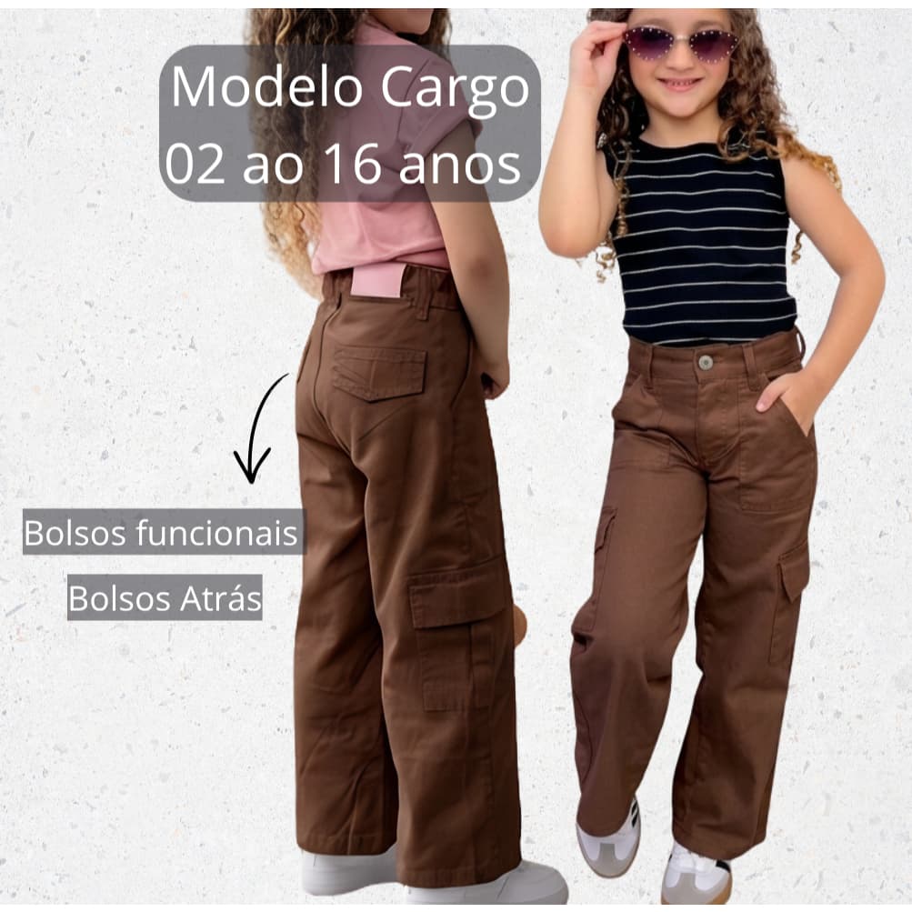 Calça Wide Leg Cargo Infantil Jeans Feminina Tendencia Juvenil Larga com Bolso Lateral Sem Lycra