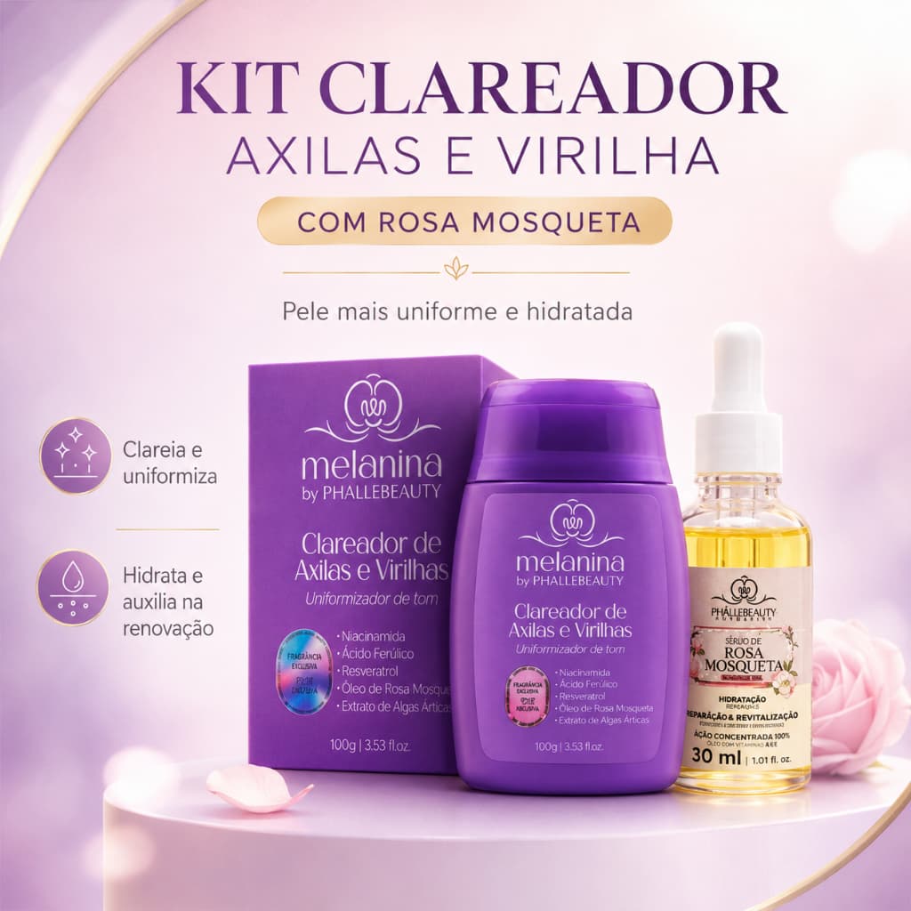 Kit Clareador Axilas e Virilha Phallebeauty + Óleo de Rosa Mosqueta Hidratante 30ml