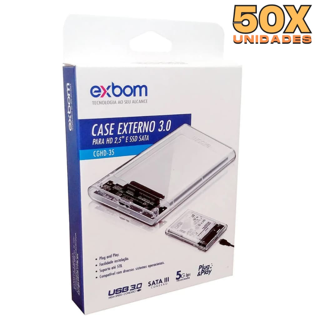Kit Atacado 50 Case Externo Transparente Usb 3.0 HD SSD 2.5" Sata 3 Até 5tb Led - CGHD-35B