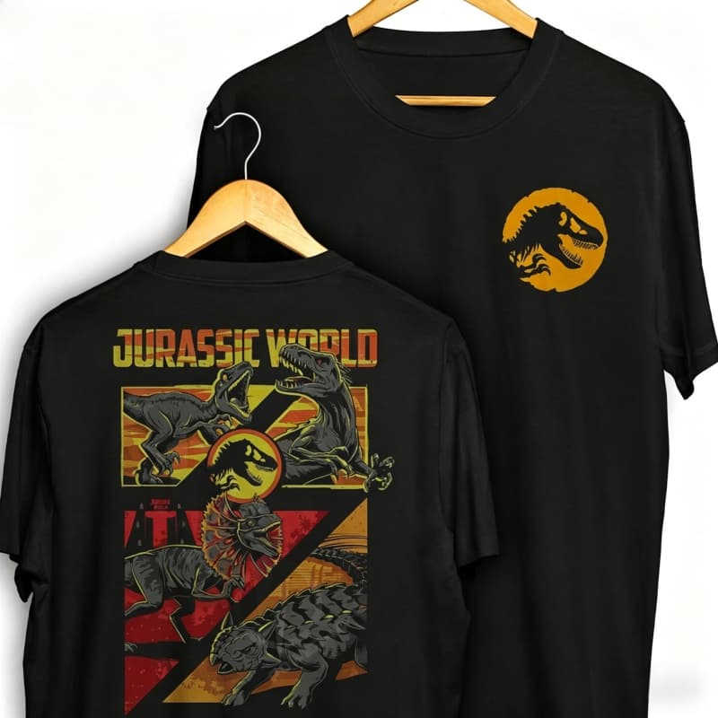 [Camiseta Vintage Masculina Algodão]HYP Camiseta Jurassic World Dinossauros Parque Jurássico Frente E Verso Blusa Camisa