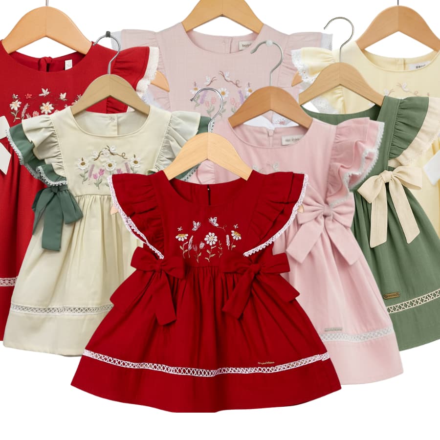 Vestido Feminino Infantil Com Amarração Lateral Vestido Kids com Babadinhos em Mangas Bordado Floral