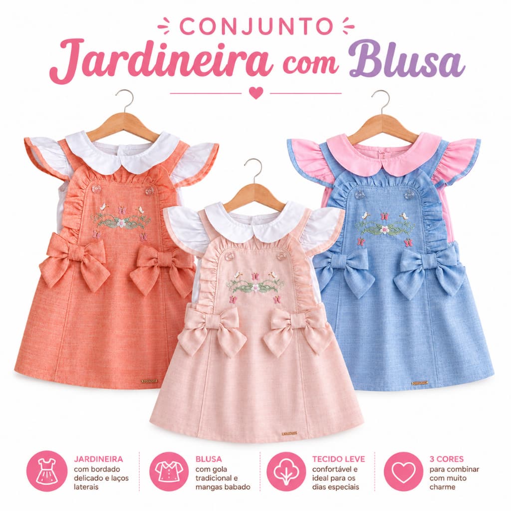 Conjunto Jardineira Tipo Saia Bordada + Blusa Infantil Feminino Delicada Confortável Conjunto Kids