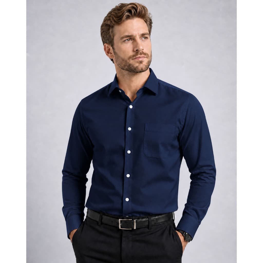 Camisa Social Masculina Manga Longa Azul Marinho Lisa Microfibra com Elastano Bolso Trabalho Uniforme Escritório