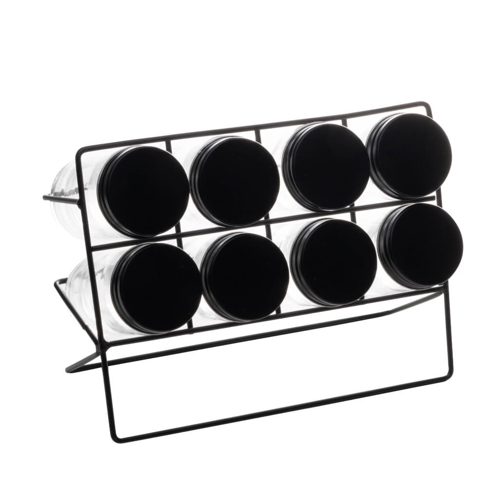 8 Potes Lyor para Temperos de Vidro e Suporte de Metal Preto