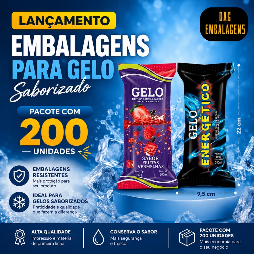 Embalagem Gelo Saborizado BOPP Pacote com 190 a 200 Unidades  Frutas Vermelhas e Energético