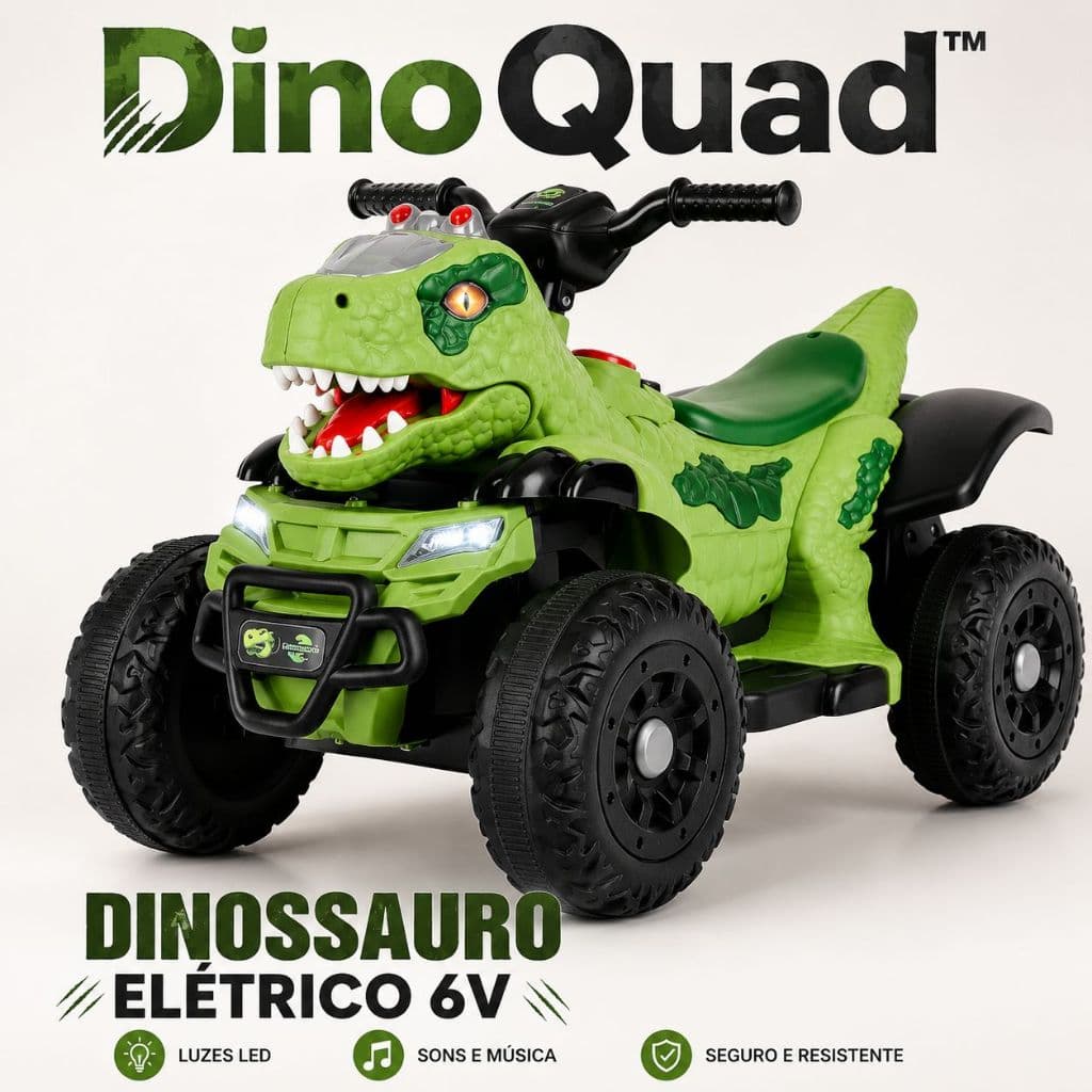 Quadriciclo Elétrico Infantil Dinossauro Rex 6V Com Luzes Som USB Bluetooth Verde Infantil