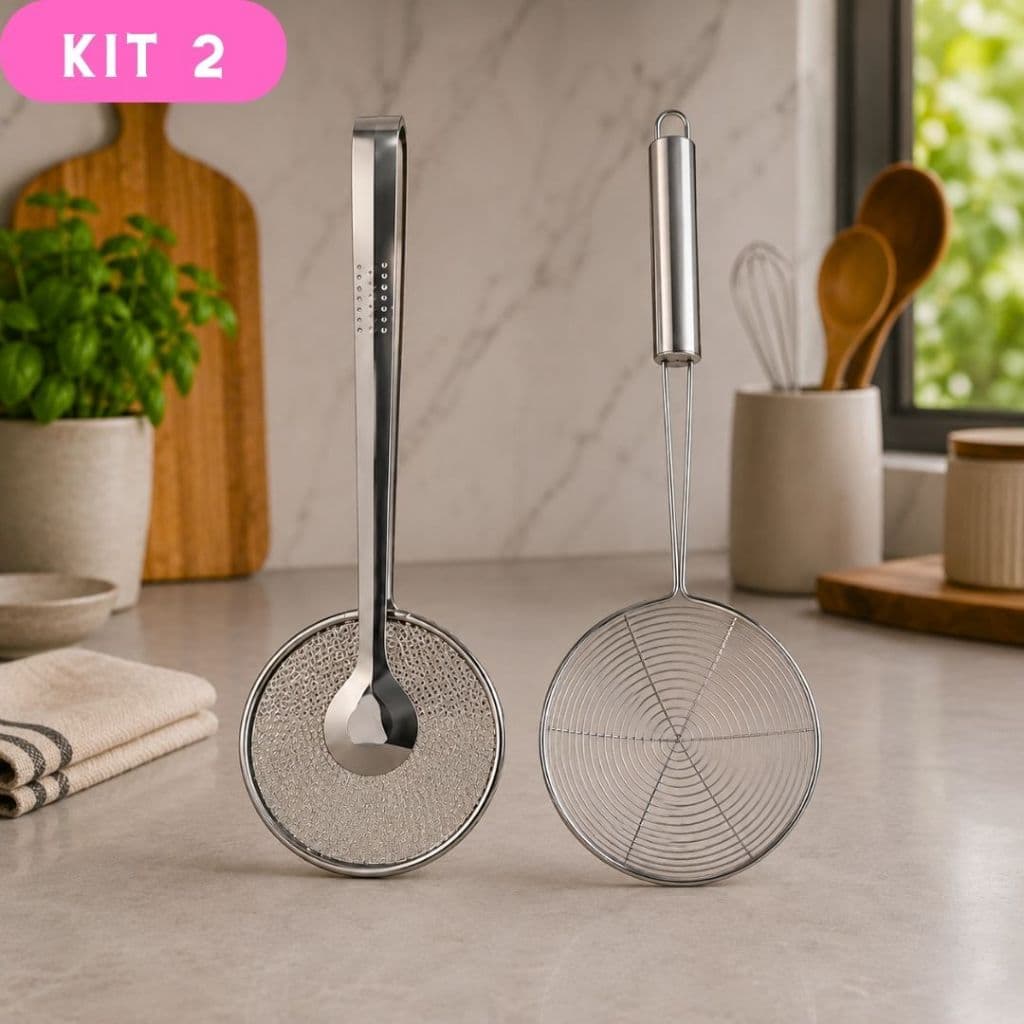 Kit 2 Peças Escumadeira Fritura Inox Batata Pastel Resistente + Escumadeira Pescadora Para Fritura