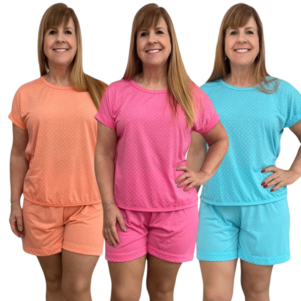 Kit 3 Pijama Senhora Poá Feminino Manga Japonesa Short doll Bermudol Conjunto Blusa e Short