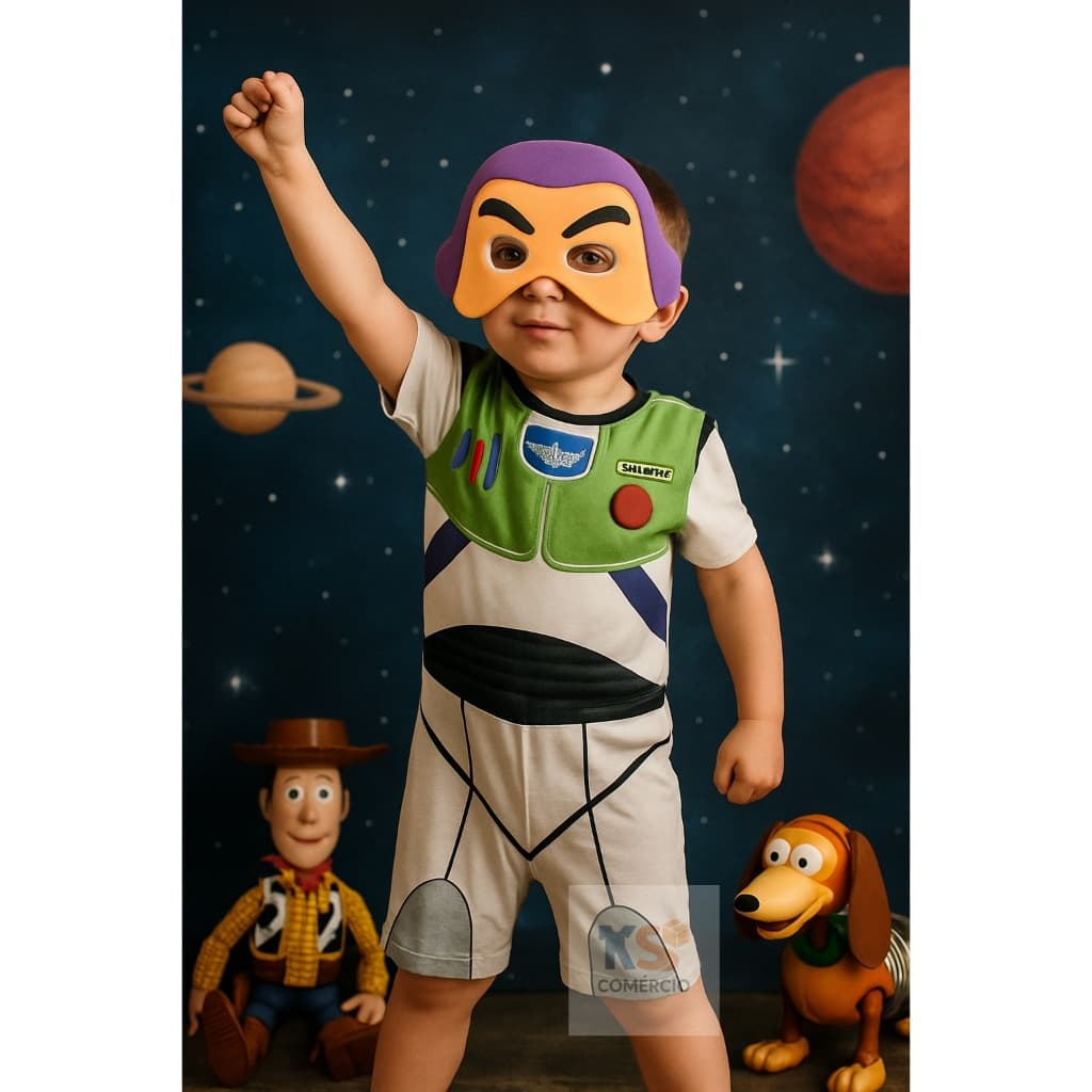 Fantasia Buzz Lightyear Infantil – Macacão Curto + Máscara EVA – Menino 2 a 8 Anos - Carnaval